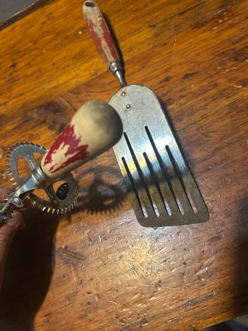 Antique kitchen  tool lot egg beater and flipper spatula